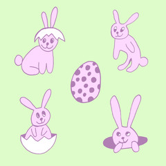 Cute easter icon and animal pet collection, with easter eggs in nest, rabbit and lettering. Hand drawn vector illustration.
