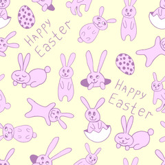 Cute easter icon and animal pet collection, with easter eggs in nest, rabbit and lettering. Hand drawn vector illustration.