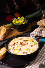 Delicious cheese and leek soup with minced meat