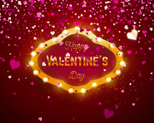 Vector holiday illustration. Happy Valentine's Day greeting lettering. Retro frame with light bulbs. Valentine's Day background.