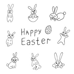 Cute easter icon and animal pet collection, with easter eggs in nest, rabbit and lettering. Hand drawn vector illustration.