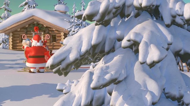 Santa Claus with Reindeer Goes on the Way from House of Santa in Lapland. Beautiful 3d Animation with Northern Lights and Merry Christmas Text on a Green, So You Can Add It Anywhere and Whenever
