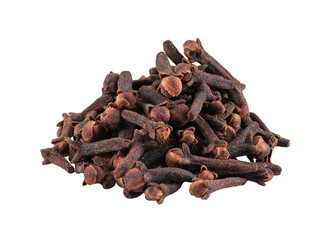 Small pile of clove isolated on white background with copy space for text or images. Spices and herbs. Packaging concept. Close-up.