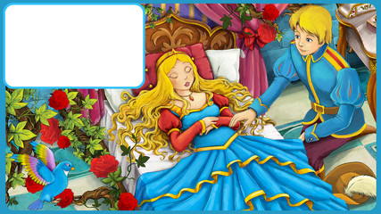 Plakat cartoon scene with handsome prince and beautiful princess - with frame for text illustration for the children