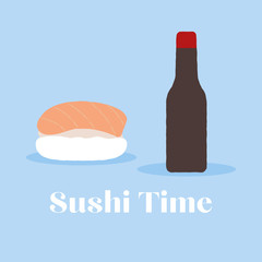 Vector illustration of a piece of salmon sushi and bottle of soy sauce. Sushi Time. Restaurant sign concept.