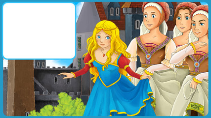 cartoon scene with princess near the castle walking - with frame for text illustration for the children