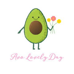 Vector illustration of an isolated cute kawaii avocado character holding a bunch of flowers. Avo lovely day.