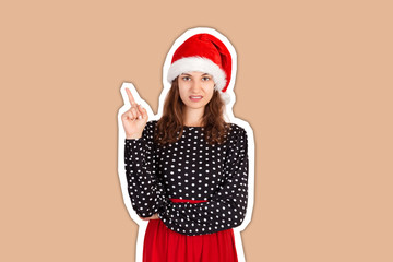 Portrait of feminine displeased gesturing with finger in no or refusal gesture. Magazine collage style with trendy color background. holiday concept