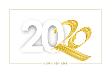Greeting card with golden Brushstroke paint lettering calligraphy of 2020 Happy New Year
