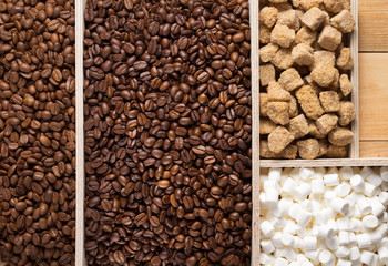 coffee beans in wooden plank box