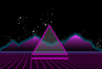80s style sci-fi, black starry sky background behind purple mountains and triangle in the middle of...