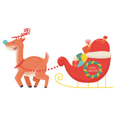 Funny Christmas reindeer with sleigh and gifts vector cartoon illustration isolated on a white background.
