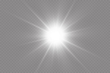 White glowing light explodes on a transparent background. with ray.  Transparent shining sun, bright flash.  Special lens flare light effect.