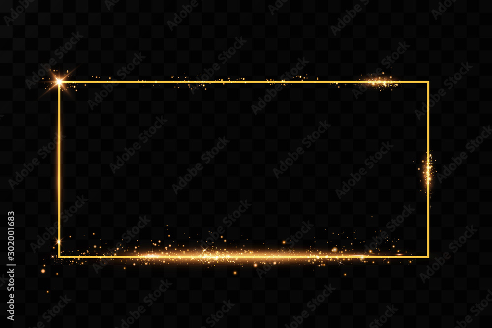 Poster golden frame with lights effects. shining rectangle banner. isolated on black transparent background