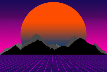 80s style sci-fi, purple background with sunset behind black and gray mountains. futuristic...