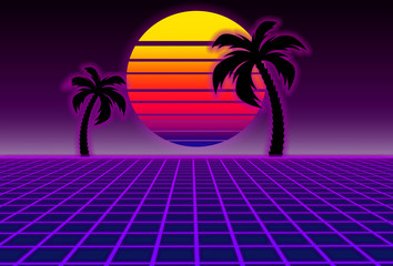 80s style sci-fi, purple background with sunset and palms. futuristic illustration or poster...