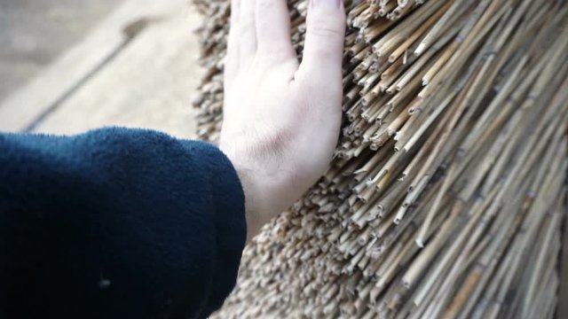 The thatch roofing, reed roof on the house. Natural building materials.