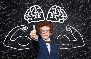 Child superhero portrait. Science power concept