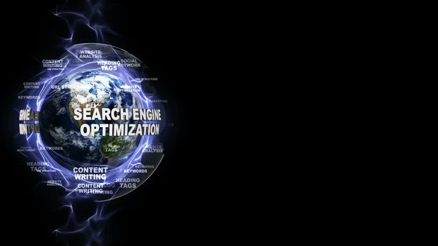 SEO, Search Engine Optimization Text Around the Earth and Keywords Animation, Rendering, Background, Loop, 4k