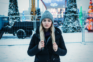 photo with grain and aberrations under the old photo, film photo beautiful girl in a hat with...