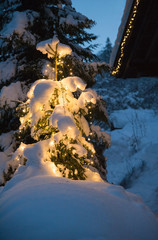 christmas tree with glowing chain of lights in the snow