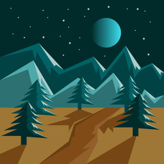 vector night landscape without people with fir trees in mountains and full moon