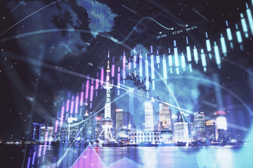 Financial graph on night city scape with tall buildings background multi exposure. Analysis concept.