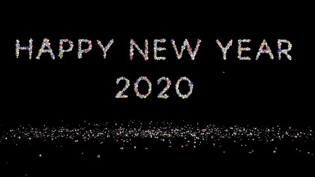 Happy New Year and 2020 text made of colorful spheres, holiday background, against black