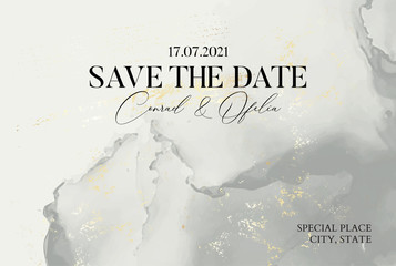 Hand-drawn marble texture in pastel grey colors with watercolor fluid ink and golden foil glitter. Tender Chic business cover, Save the Date card, wedding invitation