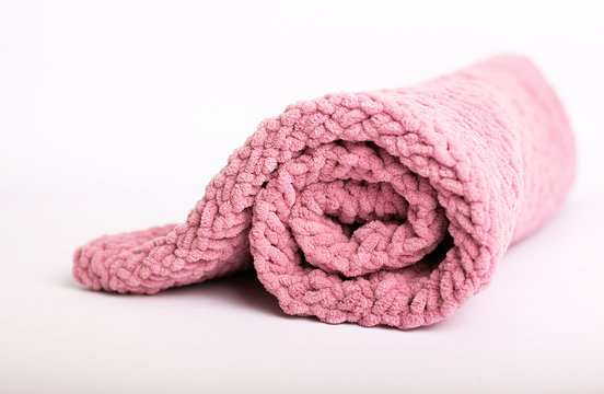 Texture Of Pink Knit Blanket. Plaid Merino Wool.