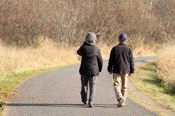 Elderly couple taking a walk in a park on a sunny day.