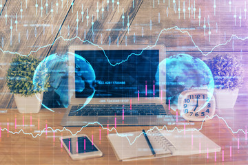 Multi exposure of chart and financial info and work space with computer background. Concept of international online trading.