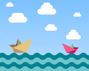 background that has a children's theme, two ships that are sailing in the high seas with blue sky and clouds