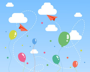 a background that has a children's theme, in the form of a blue sky with flying clouds and balloons and also a floating paper airplane