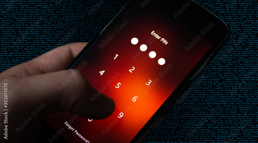 Poster enter the pin code on the phone. information security concept.