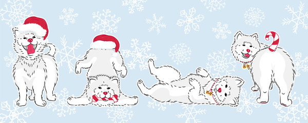 cute cartoon white dogs, funny pets in christmas hats with bells and candy cane tail, editable vector illustration for holiday decoration