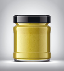Glass Jar with Mustard on Background. 