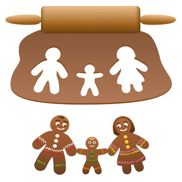 Gingerbread Family, Father, Mother, Child. Happy Parents With Their Son Cut Out Of Lebkuchen Dough. Isolated Vector Illustration On White Background.