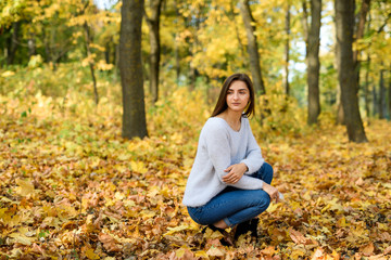 Obraz premium Autumn landscape. Woman in casual wear posing in park with yellow leaves