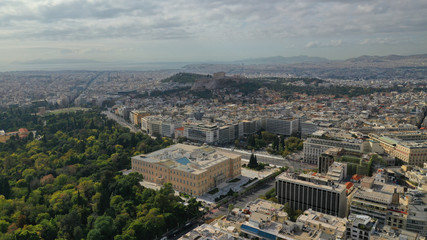 Naklejka premium Aerial drone photo of Greek Parliament building in syntagma square in the heart of Athens, Attica, Greece