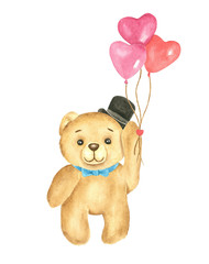 Cute teddy bear with heart balloon present watercolor illustration.  Cartoon romantic character, Isolated object on white background. Perfect for valentine day or birthday design.