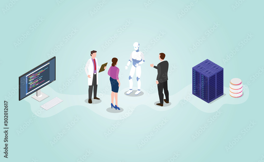 Poster future technology robot ai artificial intelligence development with isometric modern flat style - ve
