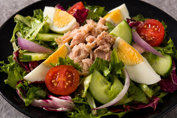 Salad with tuna, egg and vegetables on black plate and gray background. Close up