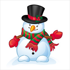 Snowman with hat, scarf and mittens. Christmas and New Year character.