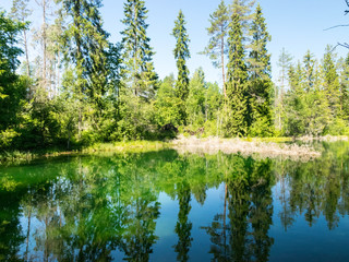Obraz premium landscape with bright green lake and colorful trees, beautiful summer day, wonderful reflections in the water