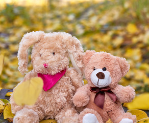bunny with long ears and a teddy bear are sitting in the middle of dry yellow leaves