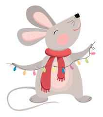 Vector illustrations mouse with Christmas lights, symbol of 2020. A Chinise new year symbol mouse.