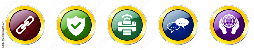 Poster Set of colorful web glossy vector icons,  printer, bubble, shield and globe buttons in eps 10 for webdesign and mobile applications