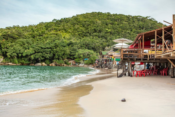 Famous middle beach in Trindade village in Paraty state of Rio de Janeiro with tropical vegetation and paradise scenery in Brazil.