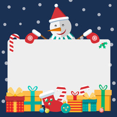 Flat illustrations with a snowman and gifts. Christmas greeting card.Vector illustration for greeting card or poster.